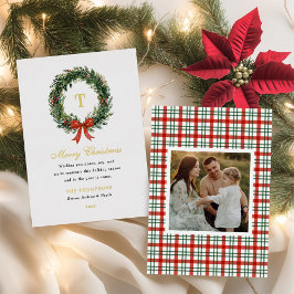 Tarjeta Festiva Con Relieve Metalizado Classic Wreath Monogram Christmas Family Name Gold