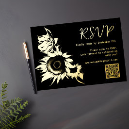 Tarjeta Festiva Con Relieve Metalizado Código QR de girasol negro y dorado Boda RSVP