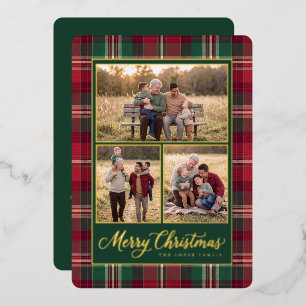 Tarjeta Festiva Con Relieve Metalizado Colage de fotos clásico de Navidad con cuadros roj