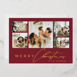 Tarjeta Festiva Con Relieve Metalizado Colage de Fotos con Guión Moderno Simple Rojo de N