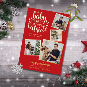 Tarjeta Festiva Con Relieve Metalizado Colage de Fotos de Navidad Baby Está Afuera Hace F