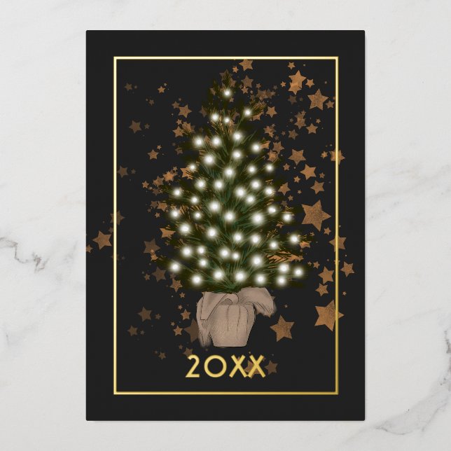 Tarjeta Festiva Con Relieve Metalizado Colage de Fotos Familiares de Luces de Navidad con (Anverso)