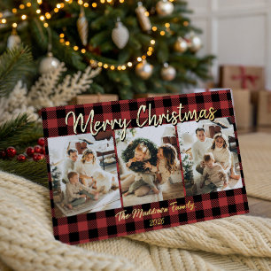 Tarjeta Festiva Con Relieve Metalizado Colage de Fotos Familiares de Navidad en Cuadro Es