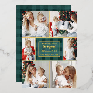 Tarjeta Festiva Con Relieve Metalizado Colage de Fotos No Tradicional Cuadros Verde Dorad