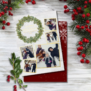 Tarjeta Festiva Con Relieve Metalizado Colaje de 5 Fotos Navideñas Rústicas con Verde y D