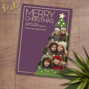 Tarjeta Festiva Con Relieve Metalizado Colaje de árbol de Navidad con 3 fotos horizontale
