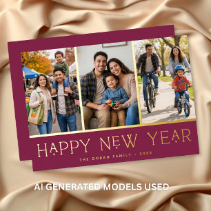Tarjeta Festiva Con Relieve Metalizado Colaje de Fotos de Feliz Año Nuevo Moderno Borgoña