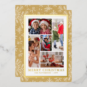 Tarjeta Festiva Con Relieve Metalizado Colaje de Fotos de Navidad Copo de Nieve Dorado