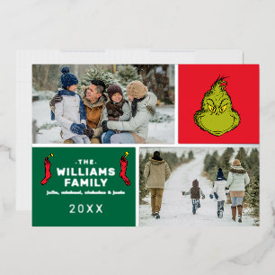 Tarjeta Festiva Con Relieve Metalizado Colaje de fotos familiares de Navidad del Grinch