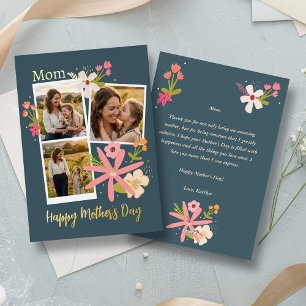 Tarjeta Festiva Con Relieve Metalizado Colaje de Fotos Floral Rústico Día de la Madre Rea