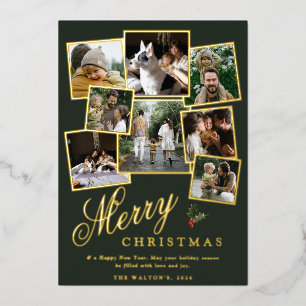 Tarjeta Festiva Con Relieve Metalizado Colaje de Fotos Navideñas Botánicas de Invierno