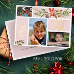 Tarjeta Festiva Con Relieve Metalizado Colección de fotos alegre de oro de merry y Bright<br><div class="desc">Moderna y moderna tarjeta de vacaciones de Relieve metalizado de oro de color rosa rosa rosa rosa de boho con un ramo floral de color acuático de temporada con una flor de terracota de ladrillo rojo, una pinecona, azaditas de abetos verdes de cazadores de sabios y follaje con tipografía con...</div>