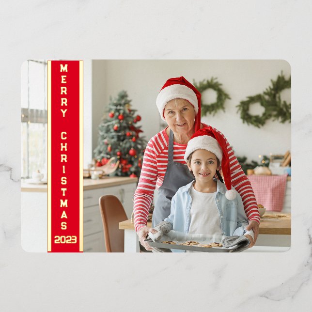 Tarjeta Festiva Con Relieve Metalizado Collage 4 fotos Feliz Navidad Red Family Gold (Anverso)