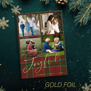 Tarjeta Festiva Con Relieve Metalizado Collage de 4 fotos de Navidad alegre a cuadros roj