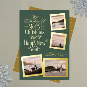 Tarjeta Festiva Con Relieve Metalizado Collage de 4 fotos verde feliz navidad año nuevo P