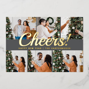 Tarjeta Festiva Con Relieve Metalizado Collage de 6 fotos moderno Cheers Feliz Año Nuevo