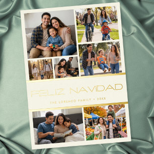 Tarjeta Festiva Con Relieve Metalizado Collage de 7 fotos Feliz Navidad en marfil moderno