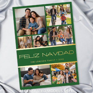Tarjeta Festiva Con Relieve Metalizado Collage de 7 Fotos Feliz Navidad Verde Moderno