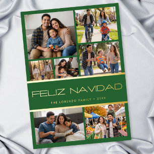 Tarjeta Festiva Con Relieve Metalizado Collage de 7 Fotos Feliz Navidad Verde Moderno