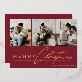 Tarjeta Festiva Con Relieve Metalizado Collage de fotos 3 Modern Script Rojo Feliz Navida