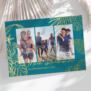 Tarjeta Festiva Con Relieve Metalizado Collage de fotos azul turquesa Navidad hawaiana