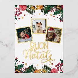 Tarjeta Festiva Con Relieve Metalizado Collage de fotos Buon Natale Red Berries Green Hol