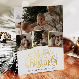 Tarjeta Festiva Con Relieve Metalizado Collage de fotos con guión de Feliz Navidad