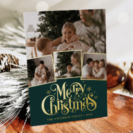 Tarjeta Festiva Con Relieve Metalizado Collage de fotos con guión de Feliz Navidad