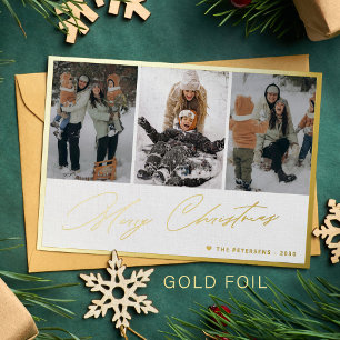 Tarjeta Festiva Con Relieve Metalizado Collage de fotos con guión de oro elegante de Feli