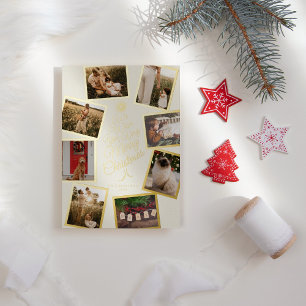 Tarjeta Festiva Con Relieve Metalizado Collage de fotos de árbol de Navidad marfil muy fe