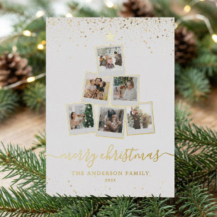 Tarjeta Festiva Con Relieve Metalizado Collage de fotos de árbol navideño moderno
