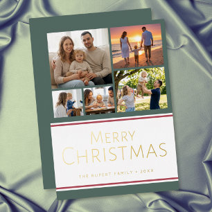 Tarjeta Festiva Con Relieve Metalizado Collage de Fotos de Cinco Modernos de Navidad con