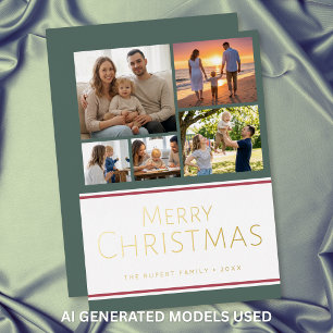 Tarjeta Festiva Con Relieve Metalizado Collage de Fotos de Cinco Modernos de Navidad con 