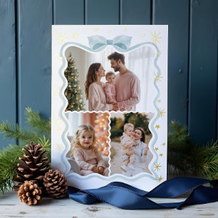 Tarjeta Festiva Con Relieve Metalizado Collage de fotos de cinta azul azul de onda retro