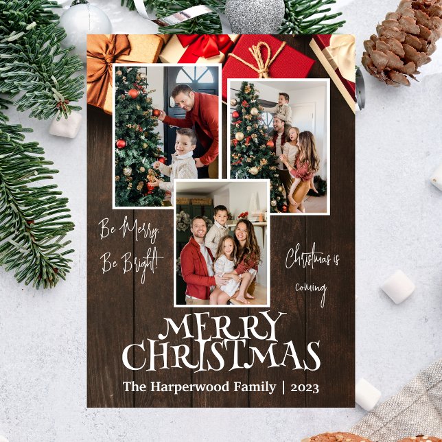 Tarjeta Festiva Con Relieve Metalizado Collage de fotos de familia Rustic Elegant Joy Nav (Subido por el creador)