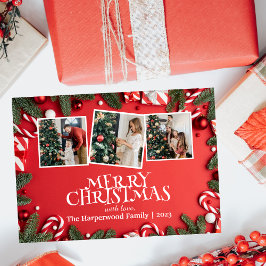 Tarjeta Festiva Con Relieve Metalizado Collage de fotos de la familia Red Elegant Merry C