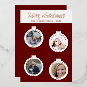 Tarjeta Festiva Con Relieve Metalizado Collage de fotos de la familia roja de las bolas d