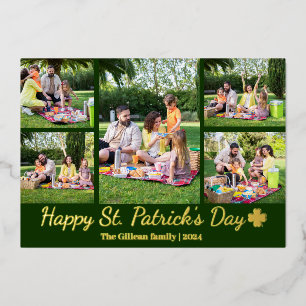 Tarjeta Festiva Con Relieve Metalizado Collage de fotos de la familia Shamrock en el día 