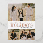 Tarjeta Festiva Con Relieve Metalizado Collage de fotos de las letras verdes 3<br><div class="desc">Esta hermosa tarjeta de tres fotos de collage de vacaciones incluye letras diseñadas con acentos verdes/follaje (flores y hojas), que dice, "Festividades más felices" en Relieve metalizado real sobre un fondo blanco. El Relieve metalizado está disponible en oro, oro rosa o plata. El color de fondo se puede personalizar, si...</div>