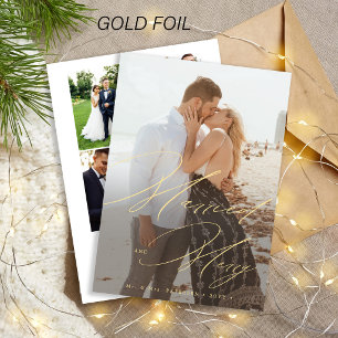 Tarjeta Festiva Con Relieve Metalizado Collage de fotos de Navidad de recién casados y fe