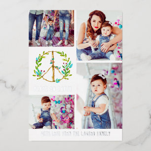 Tarjeta Festiva Con Relieve Metalizado Collage de Fotos de Navidad Paz en la Tierra Fie