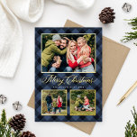 Tarjeta Festiva Con Relieve Metalizado Collage de fotos de Navidades de búfalo de la mari<br><div class="desc">La moderna y festiva tarjeta de festividad de la foto lucida cuenta con un collage de 3 fotos enmarcadas por un borde y acentos de Relieve metalizado de oro real y acuarela pintada a mano azul marino y manto de búfalo negro con motivos de fondo. Personalice el texto personalizado "Navidades...</div>