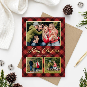 Tarjeta Festiva Con Relieve Metalizado Collage de fotos de Navidades de búfalo rojo moder