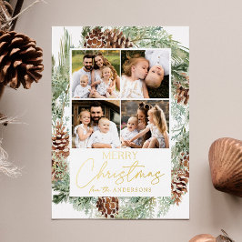 Tarjeta Festiva Con Relieve Metalizado Collage de fotos de piñas con acuarela rústica