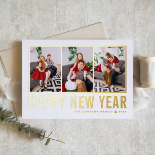 Tarjeta Festiva Con Relieve Metalizado Collage de fotos de tipografía moderna Feliz Año N