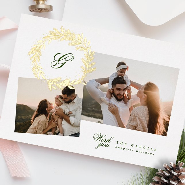 Tarjeta Festiva Con Relieve Metalizado Collage de fotos elegante en monograma de pino clá (Subido por el creador)