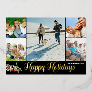 Tarjeta Festiva Con Relieve Metalizado Collage de Fotos Escrito a Mano Felices Fiestas Ho