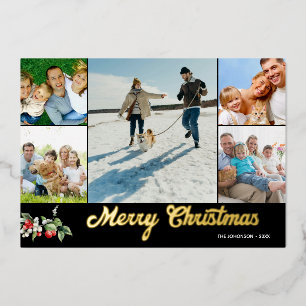 Tarjeta Festiva Con Relieve Metalizado Collage de Fotos Feliz Navidad Escrito a Mano