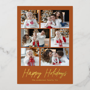 Tarjeta Festiva Con Relieve Metalizado Collage de fotos Happy Holidays Gold Script 6