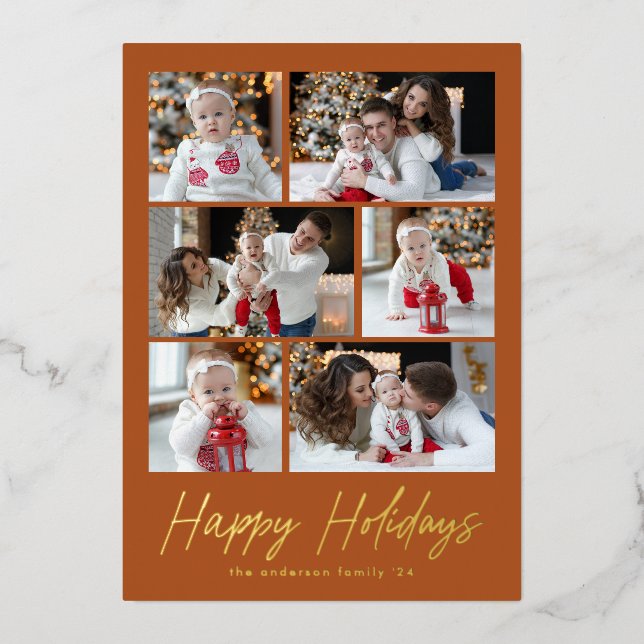 Tarjeta Festiva Con Relieve Metalizado Collage de fotos Happy Holidays Gold Script 6 (Anverso)